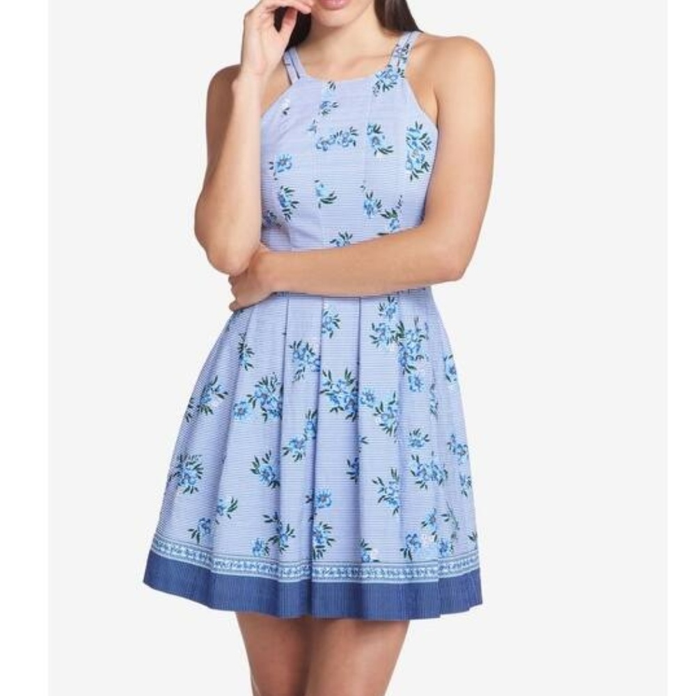 GUESS | Floral A-Line Sheath Striped Blue Dress 6